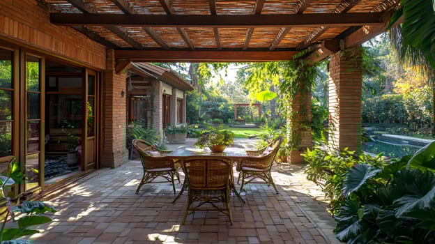 Elegant patio furniture set under pergola overlooking lush garden with pool photo