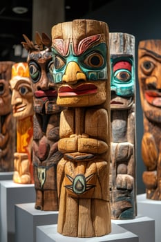 Traditional totem poles representing indigenous culture exhibited in museum photo