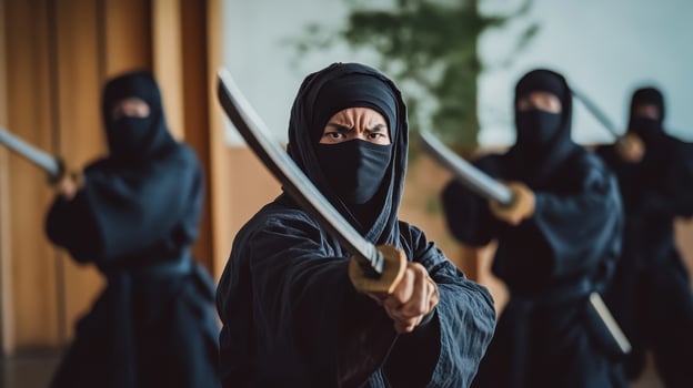 A group of ninjas in traditional attire wielding swords in a dynamic martial arts setting photo