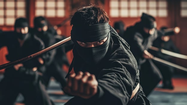 A group of ninjas practicing martial arts with swords in a traditional dojo setting photo