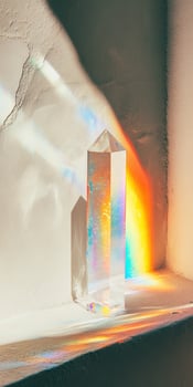 Sunlit crystal prism casting vibrant rainbow spectrum on wall photo