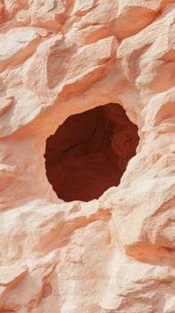 Natural erosion creates a unique cave formation in a sandy red rock cliff face, highlighted by sunlight photo