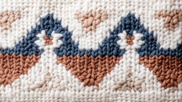 Geometric knitted pattern with blue and brown accents on textured fabric photo