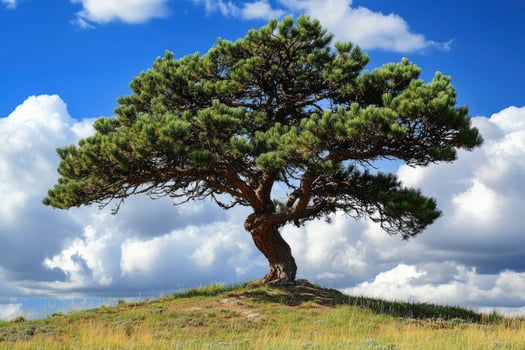 Solitary Pine Tree Standing on Hilltop with Blue Sky and Clouds photo