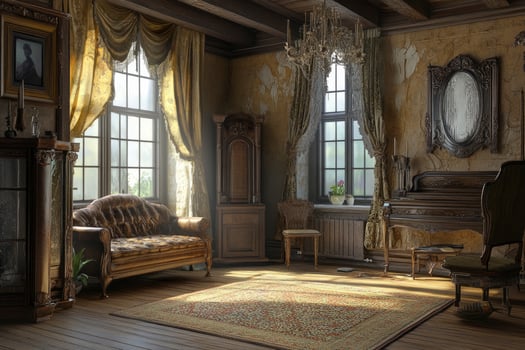 Ornate Living Room Interior with Antique Furniture and Window Light photo