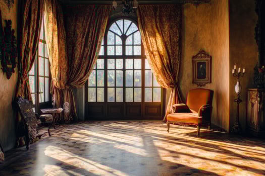 Elegant Interior with Sunlight Streaming Through Large Window and Antique Furnishings photo