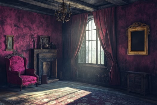 Ornate Chair in Vintage Room with Fireplace and Window Light photo