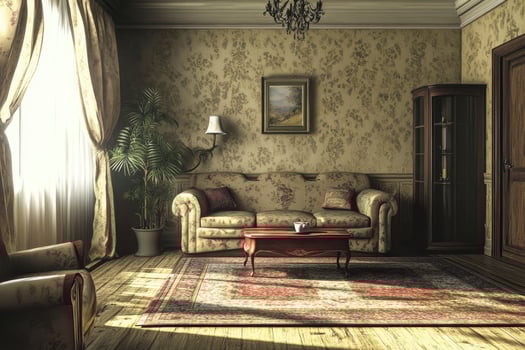 Vintage Styled Living Room with Sunlight, Floral Wallpaper and Elegant Furniture photo