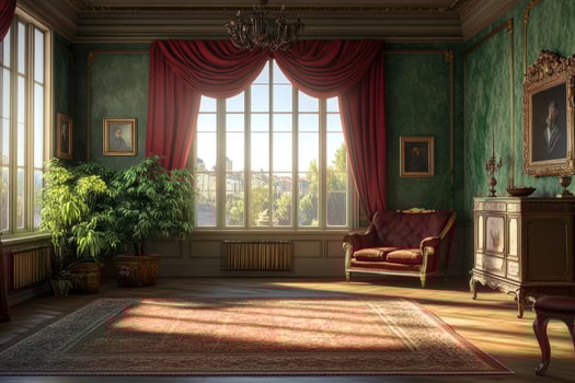 Opulent Living Room Interior with Red Curtains, Antique Furniture, and City View photo