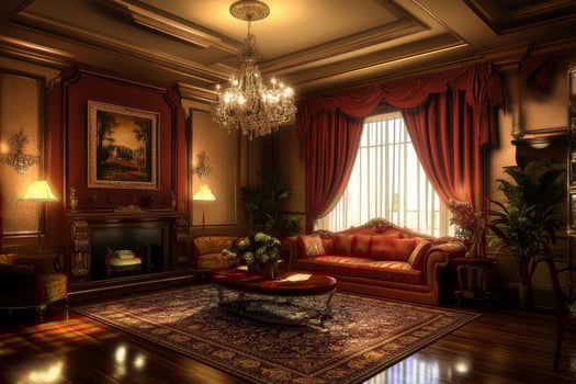 Ornate Living Room with Fireplace and Red Accents in Elegant Style photo