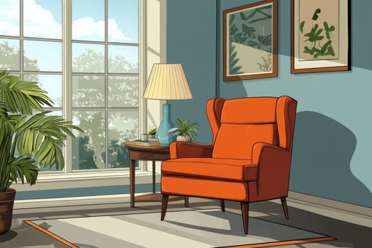Cozy Living Room Interior with Orange Armchair and Natural Light photo