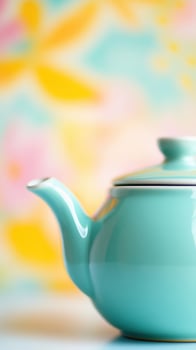 Turquoise teapot against a vibrant floral background capturing elegance and colorful decor photo