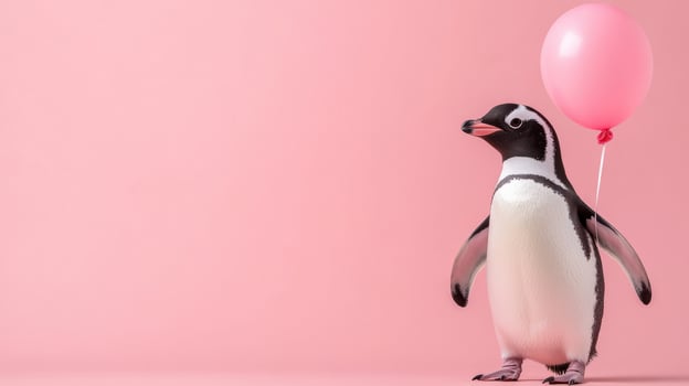 Penguin standing with pink balloon against pastel background photo