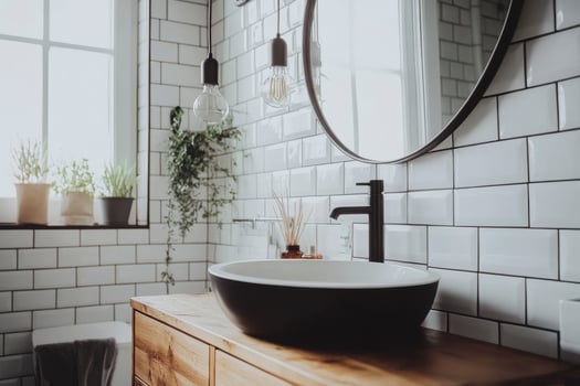 Modern Bathroom Vanity with Stylish Black Sink and White Subway Tiles photo