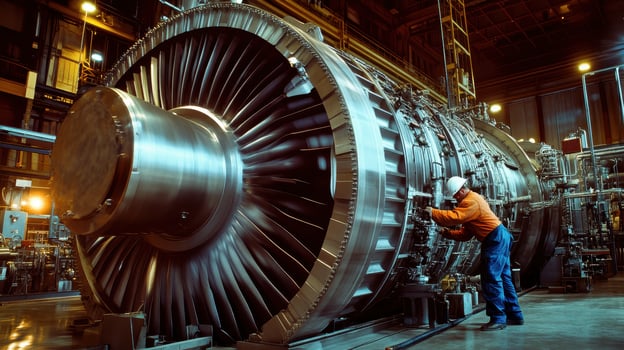 A technician inspects a large industrial gas turbine in a manufacturing facility photo