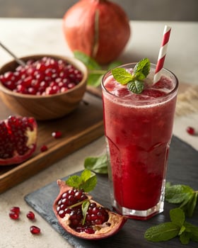 Refreshing Pomegranate Juice with Fresh Pomegranate and Mint Garnish photo