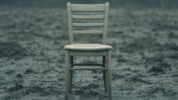 Lonely Wooden Chair in a Desolate Muddy Field A Solitary Seat Outdoors photo