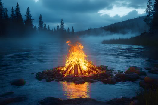 Serene Evening Bonfire by Misty Lakeside with Forest Silhouette photo