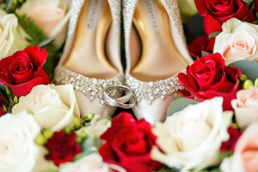 Wedding Shoes and Rings with Floral Arrangement for a Bridal Celebration photo