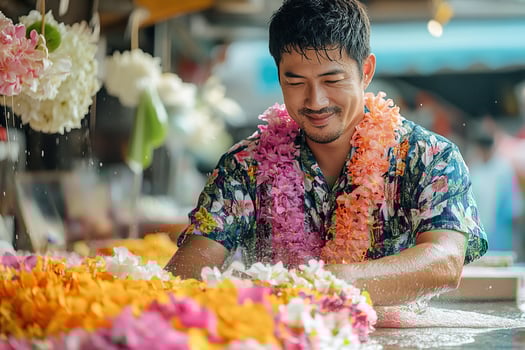 Young Asian man in summer clothes with flower garland on neck at Songkran festival in Thailand. Traditions, culture, customs. Generated by artificial intelligence photo
