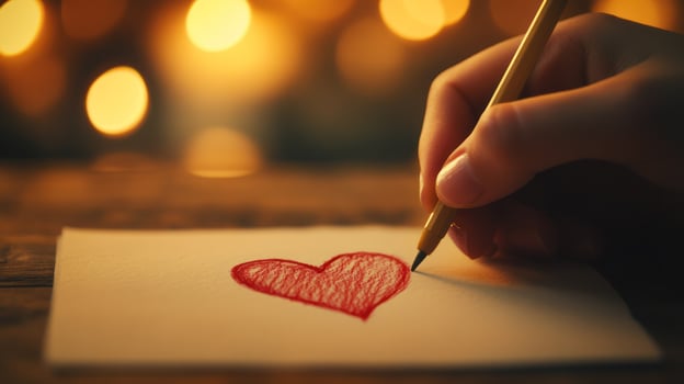 A hand delicately draws a red heart on paper, evoking warmth. photo