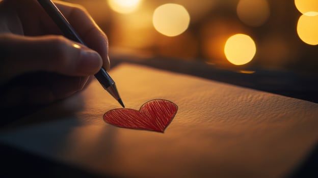 A hand sketching a red heart on textured paper in a cozy setting. photo