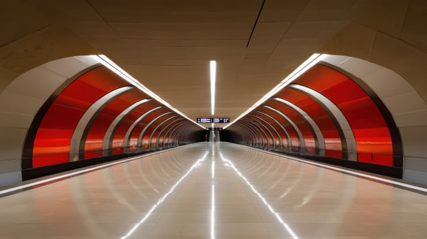 A modern, empty subway corridor with striking red and sleek lines. photo