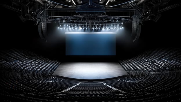 Empty Concert Hall Stage with Large Screen and Rows of Seats Ready for a Show photo