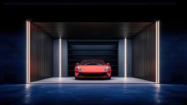 Red Sports Car in Modern Garage with Neon Lights Luxury Vehicle Interior Design photo