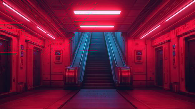 Futuristic Red Neon Lit Escalator in a Cyberpunk Corridor Sci Fi Interior Design photo