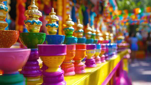Vibrant festival decorations in colorful bowls create a joyful atmosphere. photo