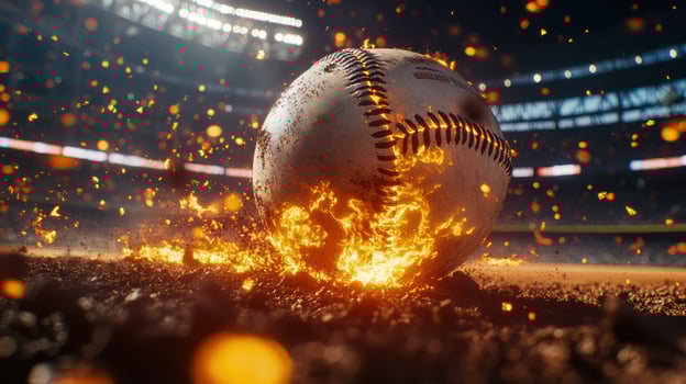 A baseball ignites into flames on the field, capturing intense energy. photo