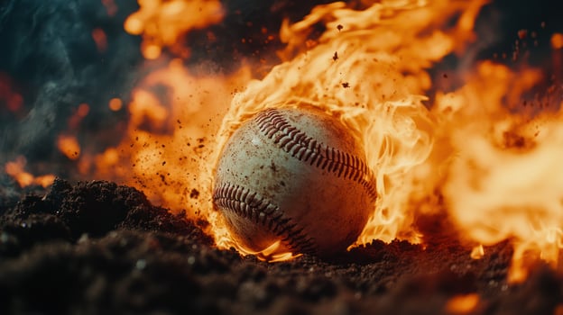 A baseball amidst roaring flames, capturing intense action and energy. photo