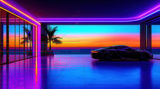Luxury Sports Car in Modern Garage with Ocean Sunset View Neon Lights photo