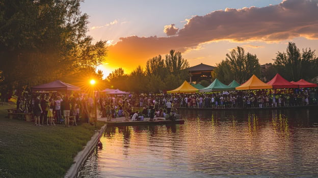 A vibrant outdoor festival at sunset by the lake with colorful tents. photo