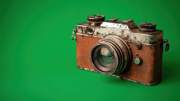 A vintage camera showcasing its worn charm against a green backdrop. photo
