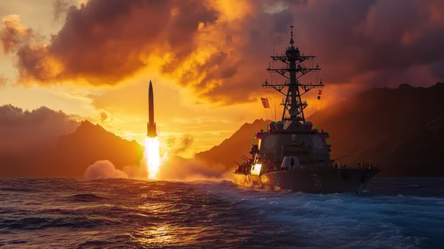 A naval ship launches a missile against a dramatic sunset backdrop. photo