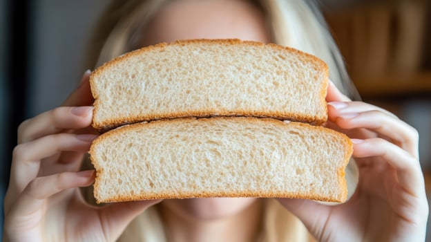 Close-up of a woman holding slices of fresh bread. photo