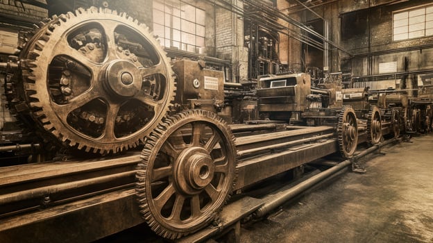 Vintage industrial machinery with large gears in a historical workshop. photo