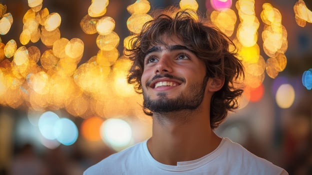 A young man smiles joyfully against a backdrop of glowing lights. photo