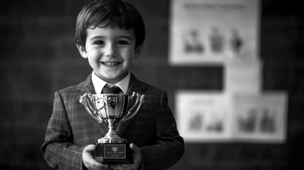 A cheerful child proudly holding a trophy in a formal suit. photo