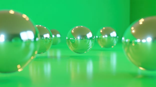 A collection of glossy spheres on a vibrant green background. photo