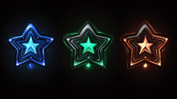 Three glowing stars in blue, green, and orange against a dark background. photo