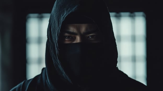 A mysterious figure in a dark hood and mask, evoking a sense of intrigue and stealth photo