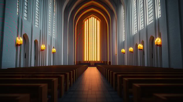 Serene Church Interior Sunlight Through Large Window Rows of Pews Architectural Design photo
