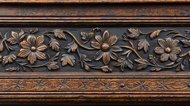 Intricate Dark Wood Carving Floral Pattern Detail Antique Furniture Design Element photo