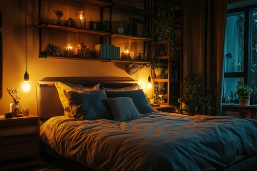 Cozy Bedroom Interior with Soft Lighting and Shelves with Plants photo