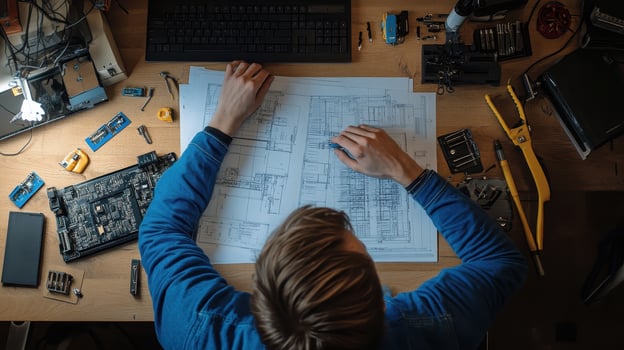 A person analyzing blueprints surrounded by tools and components in a workspace photo