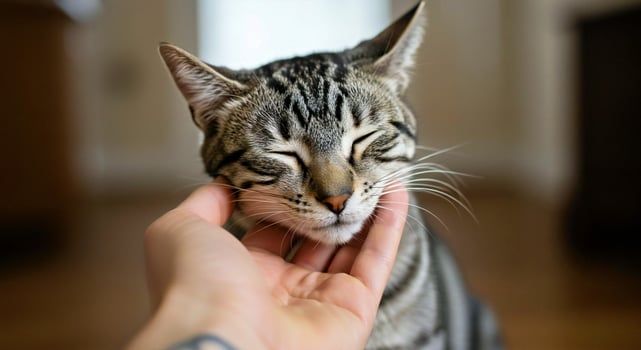 A person petting a cat with its eyes closed photo