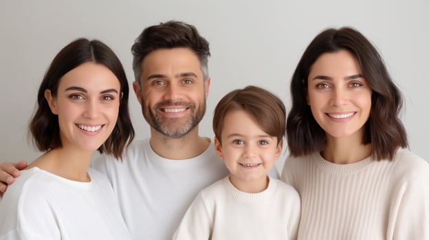 Bright and happy family in white outfits portrait image. Parents, young son and adult daughter minimal aesthetics photography human scene. Close bond relationship concept photo-realistic photo